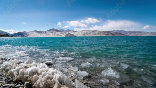 Icy Shore of Pangong Lake in Ladakh India with Turquoise Water and Mountain Range in Pangong Lake, Ladakh, India