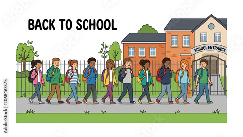 Tablou pe pânză Back to School Adventure: A line of diverse children, backpacks on, stride purposefully towards a charming school building, heralding the exciting start of a new academic year