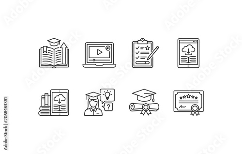 Digital library distance learning course and certification linear icon pack