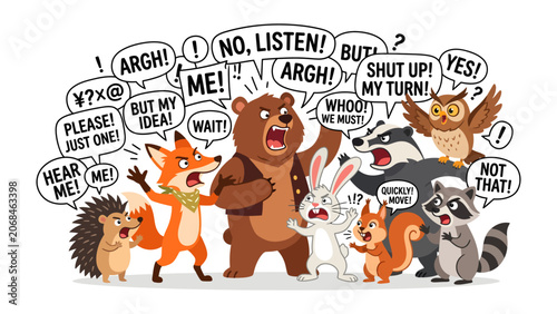 Animal Argument: A chaotic scene unfolds as a group of woodland creatures, including a bear, fox, owl, and rabbit, engage in a heated dispute.