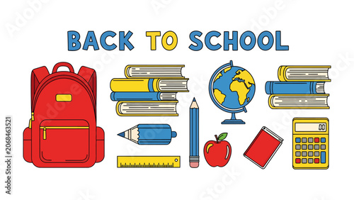 Back to School Supplies: A vibrant collection of essential school supplies, including a red backpack, books, a globe, pencils, ruler, apple, notebook, and calculator.