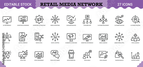 PrintRetail Media Network Icon Set - 27 Editable Vector Icons for E-commerce Advertising & Marketing. Features ad performance, consumer behavior, customer targeting, digital retail, omnichannel retail