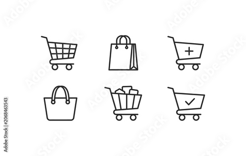 Retail marketplace shopping bag and checkout basket minimal line icons collection