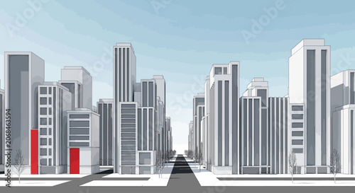 Modern city skyline with tall office buildings and empty street perspective