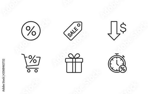Shopping sale and discount line icon set vector illustration