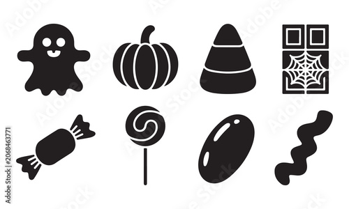 Photos Collection of black silhouette for halloween featuring a ghost, a pumpkin, candy
