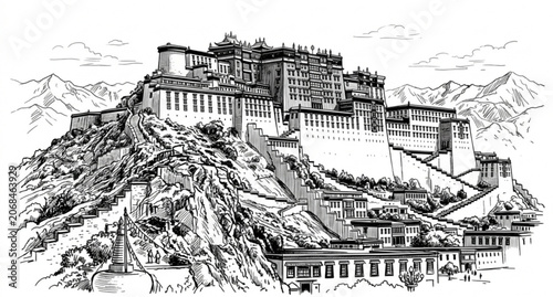 Cuadro en lienzo Potala Palace in Lhasa China hand drawn sketch vector illustration