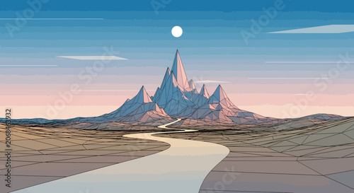 Serene mountain landscape at sunrise, digital art