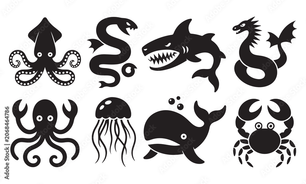 Obraz premium Collection of black silhouettes featuring various sea creatures including an octopus, a shark, a jellyfish, a whale, a crab, a sea serpent, and a squid on a white background