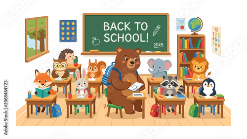 Картината върху платно Back to School Animals: A whimsical classroom scene where adorable woodland animals, from a wise bear teacher to eager student foxes and owls, enthusiastically embrace the start of the school year