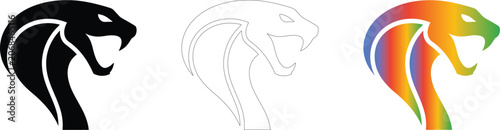 Set of three cobra snake head icons in solid black, line art, and rainbow gradient