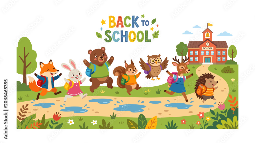 Naklejka premium Back to School Animals: A vibrant illustration depicts a joyful procession of anthropomorphic forest animals, including a fox, rabbit, bear, squirrel, owl, deer, and hedgehog.