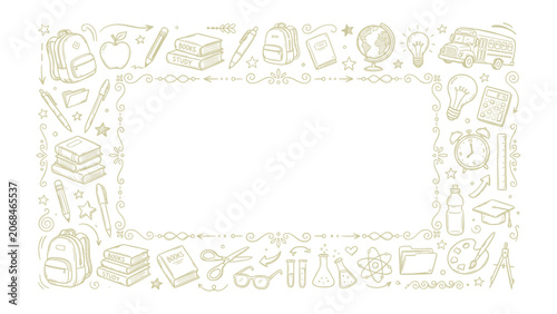 Doodle Border for Education: A charming collection of hand-drawn school supplies and educational symbols creates a decorative border around a blank space, perfect for invitations, cards.