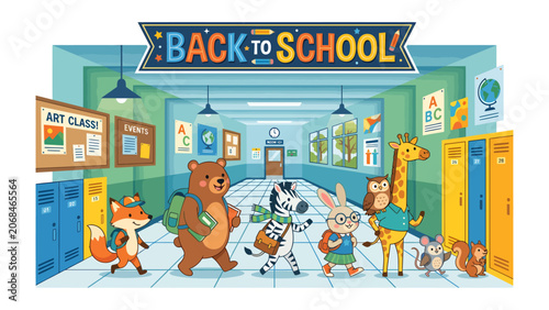 Foto Back to School Parade: A charming procession of anthropomorphic animal students, including a fox, bear, zebra, rabbit, owl, giraffe, mouse, and squirrel