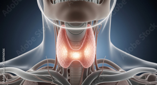 Thyroid gland anatomy in human neck detailed medical illustration of endocrine system glowing thyroid lobes and isthmus