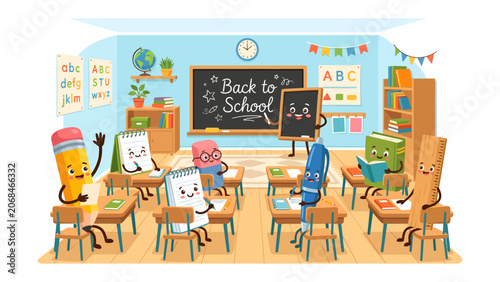 Foto Back to School Fun: A vibrant and whimsical classroom scene filled with anthropomorphic school supplies, including a cheerful pencil and a smiling book, ready for a day of learning and adventure
