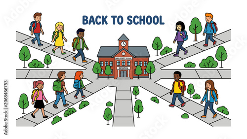 Back to School: Diverse students walk towards a school building, carrying backpacks, signaling the start of the academic year.