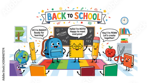 Tablou pe pânză Back to School Celebration: A vibrant and whimsical illustration depicts a cheerful gathering of anthropomorphic school supplies, eagerly anticipating the start of a new academic year