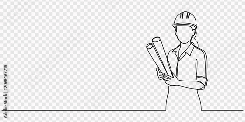 worker women continuous one line drawing, Single continuous line drawing of young female architect holding blueprint paper pose cross arms. Professional work job occupation. one line Icon drawing