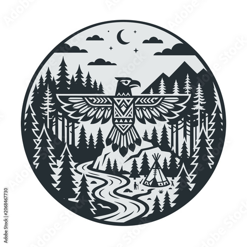 Eagle in forest landscape scene.