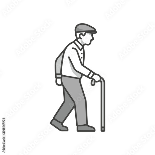 Elderly Man Walking with Cane.
