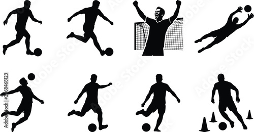 Foto Dynamic soccer player silhouettes in action, football training drills, kicking,