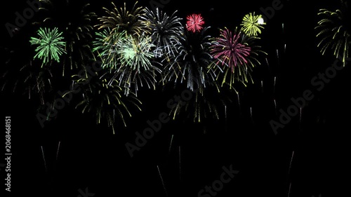 Yellow Fireworks Exploding in the Night Sky with Bright Glowing Spark Overlay Footage for Celebration