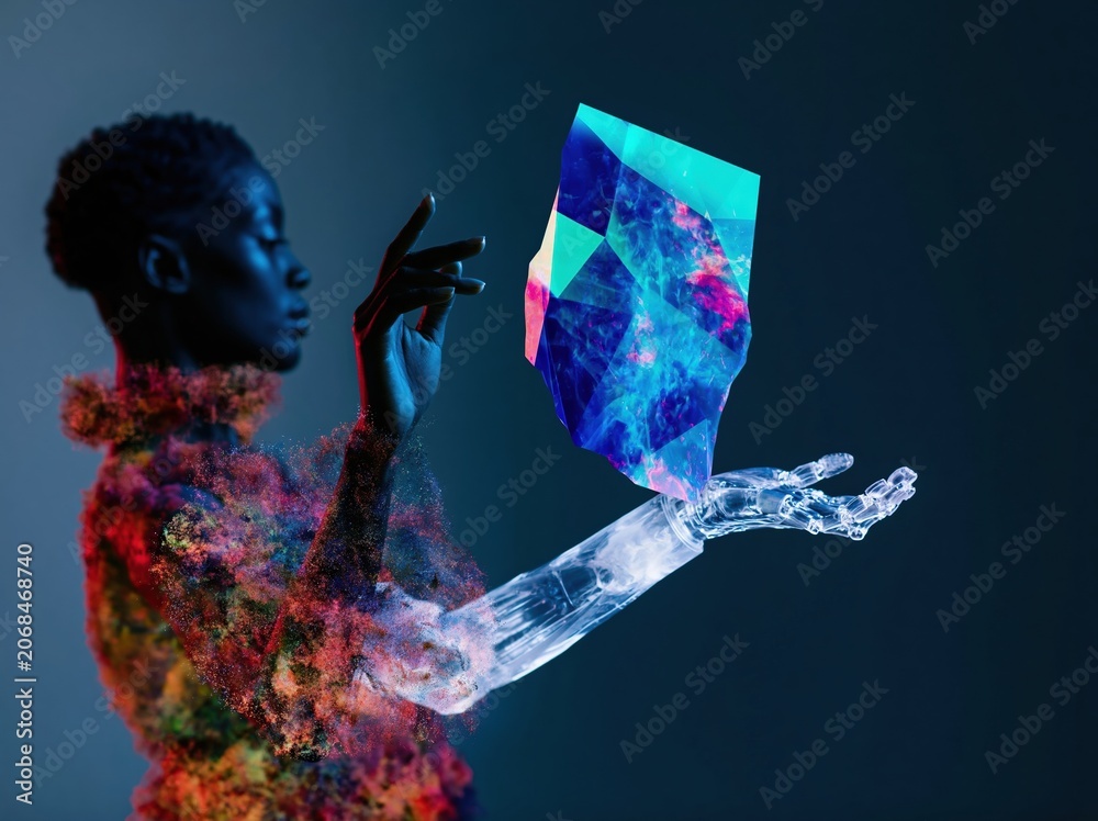 Obraz premium A vibrant prismatic crystal floats above a glowing prosthetic hand of a young woman for future technology and digital identity advertising