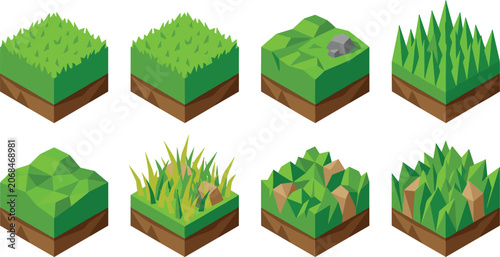 Obraz na płótnie Low Poly Isometric Green Grass Tile Set with Rocks Hills and Meadow Blocks for 3