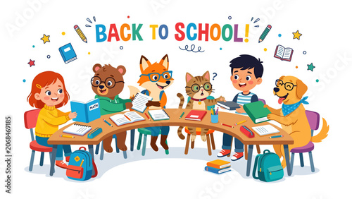 Foto Back to School Classroom Fun: A whimsical illustration depicts a diverse group of anthropomorphic animal characters and human children sitting together at a table