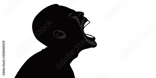 Konstfotografi Profile silhouette of a man shouting upwards with mouth wide open and eyes close