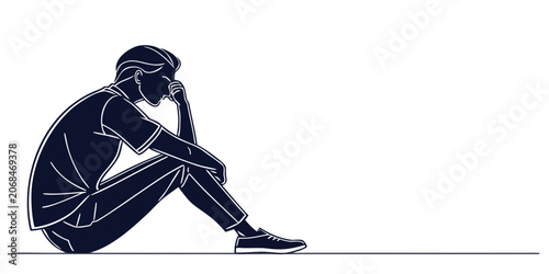 Schilderij op canvas Depressed man sitting alone on the ground in a slumped posture with head in hand