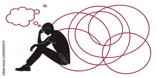 Bild auf Leinwand Silhouetted man sitting down feeling overwhelmed by complex tangled thoughts and