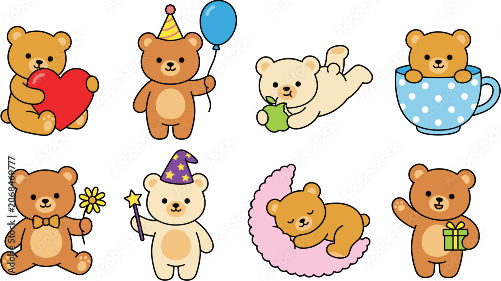 Obraz premium Cute Teddy Bear Character Vector Set with Cute Animal Illustrations for Kids Birthday Cards Stickers Scrapbooking and Nursery Decor