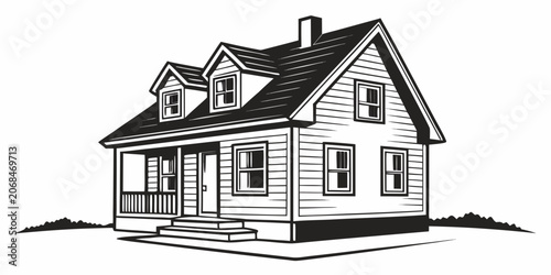 Εκτύπωση καμβά Black and white linocut style graphic illustration of a traditional two story re