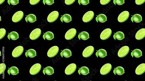 Lime seamless pattern, green fruit slice stop motion animation on black background