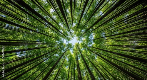 Summer forest canopy towering trees and lush green leaves on a sunny day