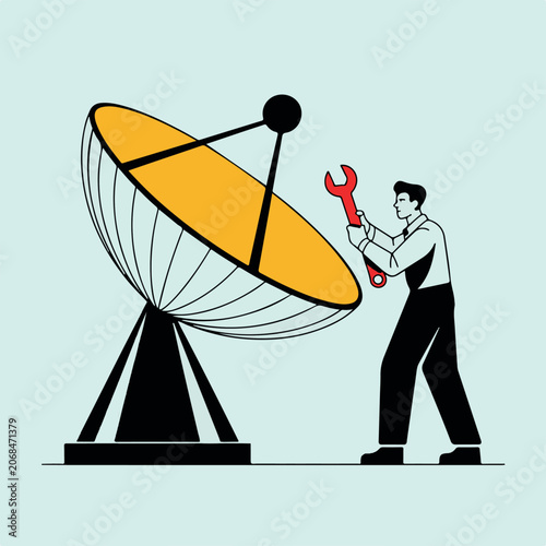 Technician Repairing Large Satellite Dish with Wrench