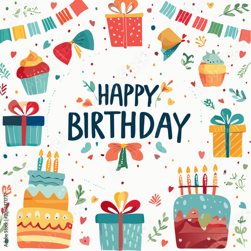 Colorful birthday celebration with cakes and gifts.