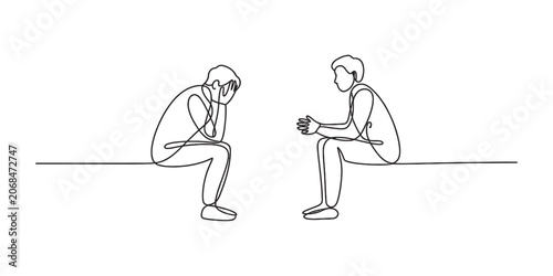 One line drawing of two men sitting together one sad person with head in hands and the other man listening during a difficult conversation or therapy Vector, illustration