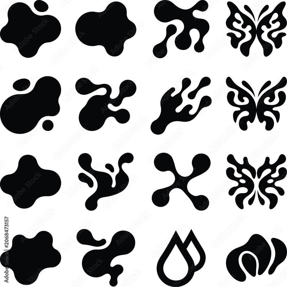 Fototapeta premium Set of black ink blot splash and butterfly graphic icons with butterfly