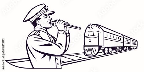 Fotografie Train conductor with megaphone announcing on platform with passing train public