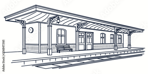 Tableau sur toile Historic train station building with clock and bench black and white illustratio