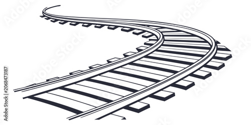 Tableau sur toile Winding train tracks in perspective black and white line drawing railroad tracks
