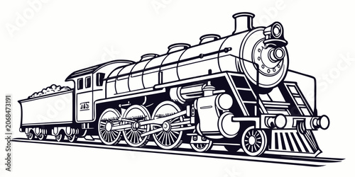 Foto Vintage steam locomotive train with coal tender illustration line art connecting