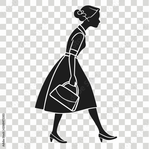 Tableau sur toile Stylish retro woman silhouette walking with handbag and elegant full skirt dress