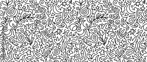 Seamless Hand Drawn Doodle Pattern with Celestial and Botanical Elements