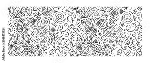 Seamless Hand Drawn Tribal Pattern with Abstract Geometric Shapes and Spirals