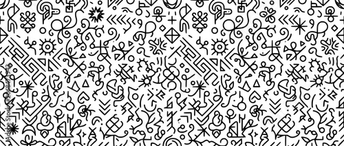 Seamless Pattern of Abstract Tribal Symbols and Geometric Line Art