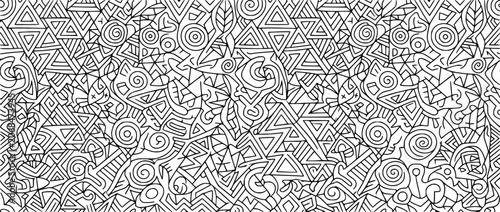 Seamless Hand-Drawn Geometric Doodle Pattern Black and White Background